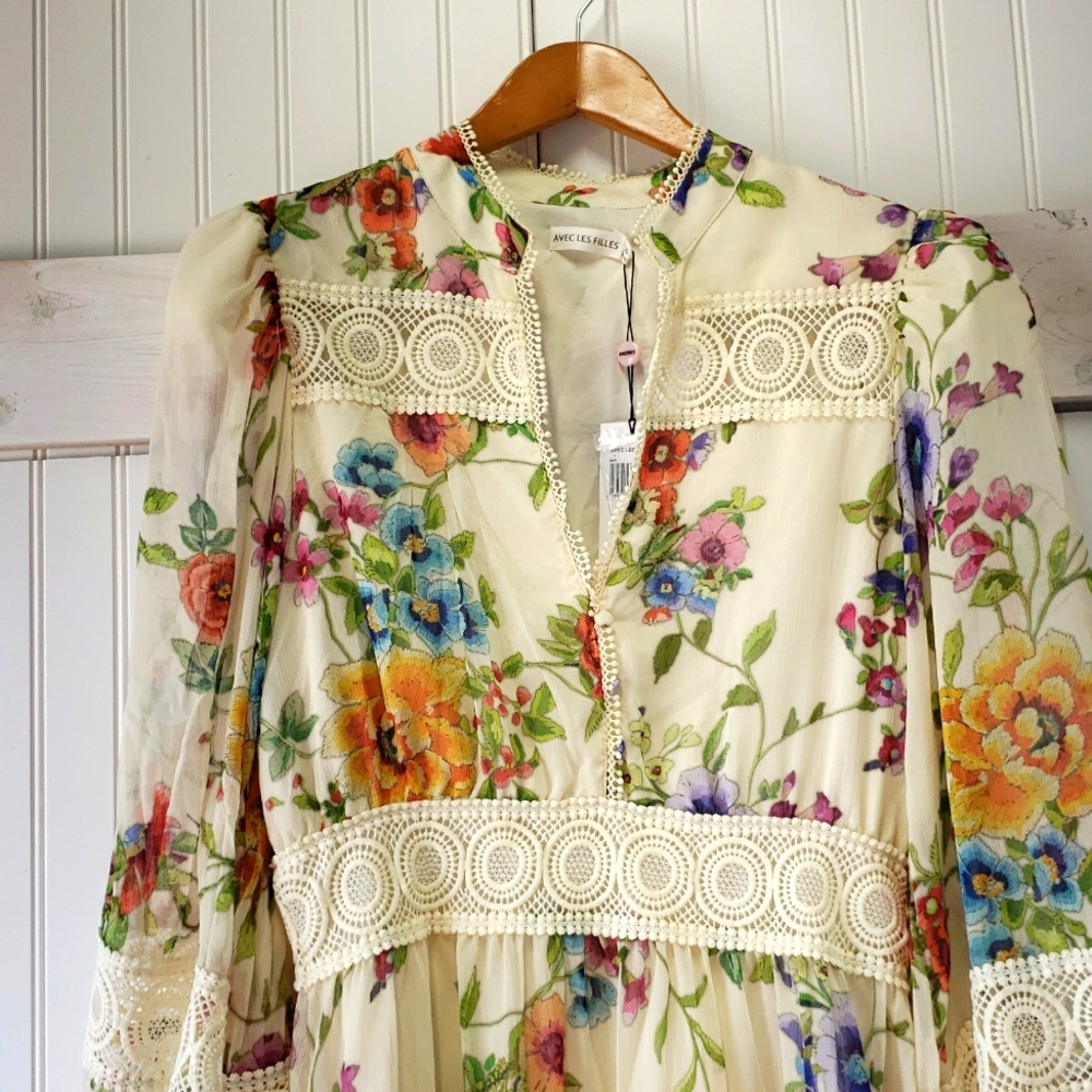 Avec Les Filles NWT White Zinnia Floral Long Sleeve Embroidered Dress Size 10 - Picture 4 of 6